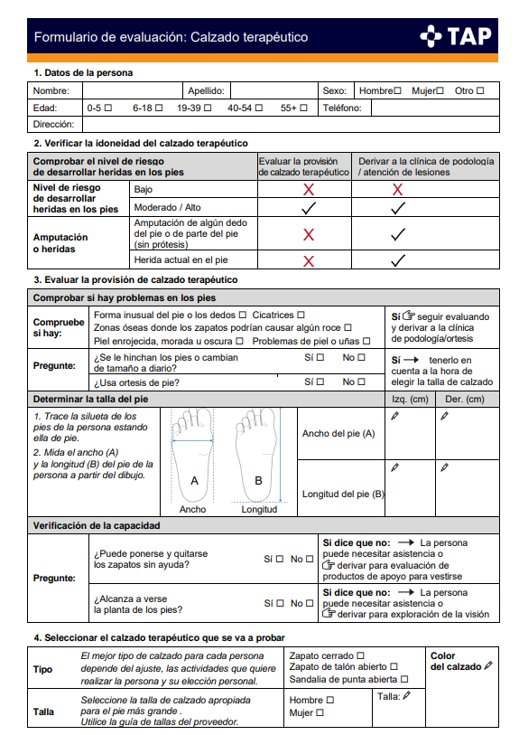 Página uno del formulario de evaluación sobre calzado terapéutico, de la capacitación TAP.