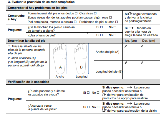 Sección del formulario "Evaluación para la provisión de calzado terapéutico".