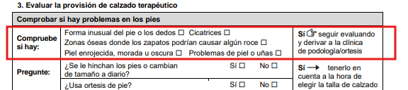 Sección del formulario "Problemas en los pies que hay que detectar".