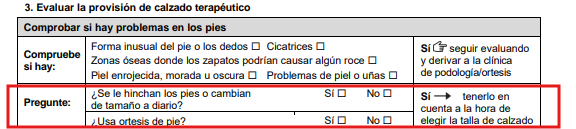 Sección del formulario "Preguntar por problemas en los pies".