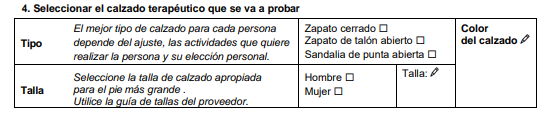Sección del formulario "Selección del calzado terapéutico que se va a probar".