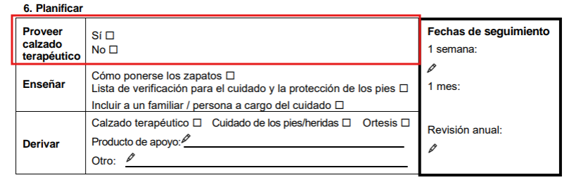 Sección "Proveer calzado terapéutico" del formulario de evaluación.