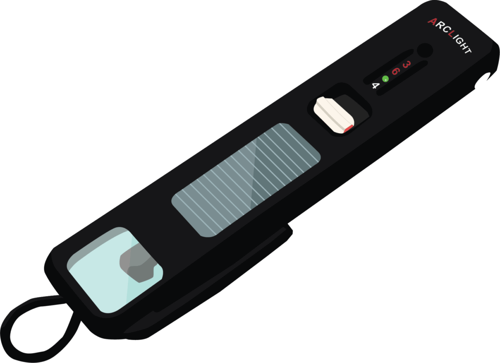 An Arclight – a pocket-sized thin rectangular device with a viewing window and light at one end, a solar panel, switch and small display showing the numbers 4,0,6,3 at the other end.
