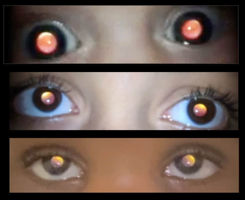 Three pairs of eyes. The first has a reddish glow, the second has a reddish-orange glow, and the third an orange-yellow glow.