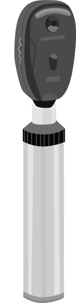 An ophthalmoscope – a handheld device with a handle at one end and a small viewing window and light at the other end.