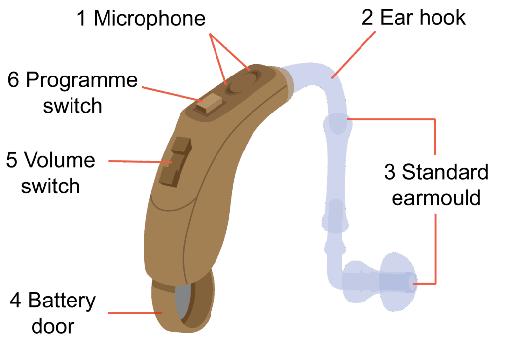 A behind-the-ear hearing aid with an earmould. The parts are labelled: 1. Microphone 2. Ear hook 3. Standard earmould 4. Battery door 5. Volume switch 6. Programme switch.