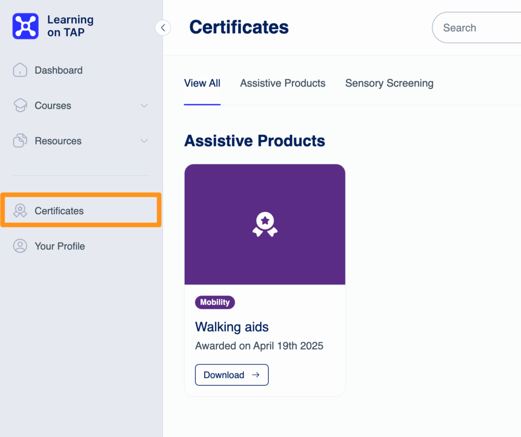 Screenshot of the left menu highlighting the Certificates page link