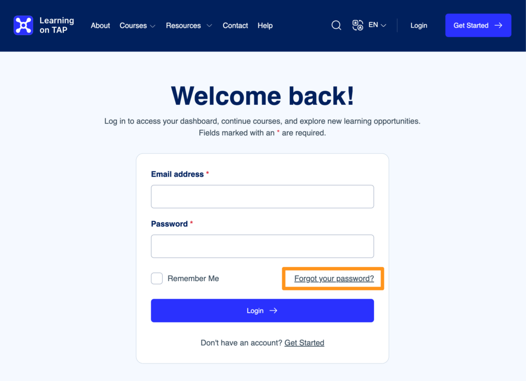 Screenshot login page with Forgot your password link highlighted