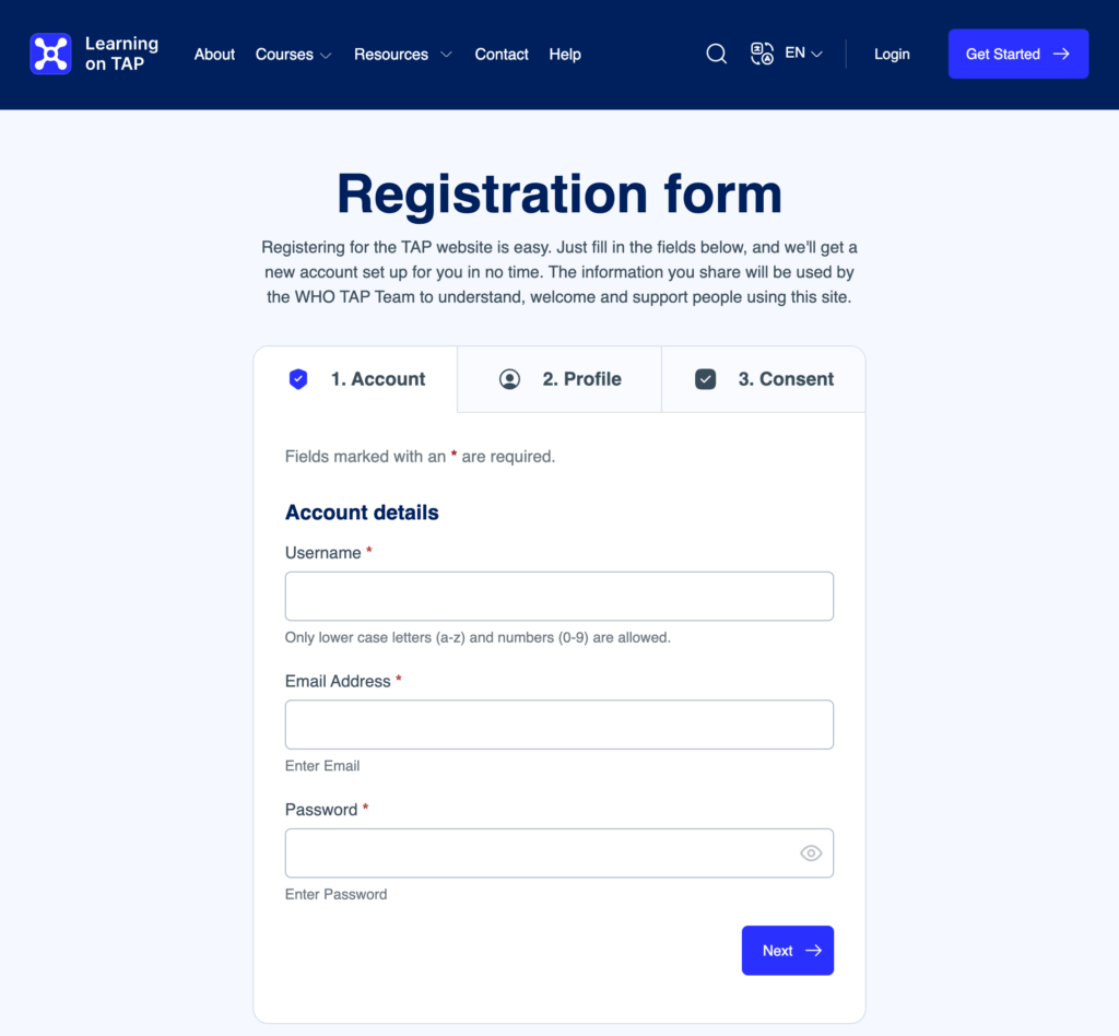 Screenshot registration page with details to be provided
