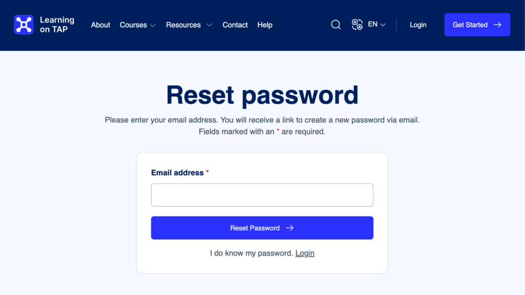 Screenshot of the Reset password page showing the email text entry field and Reset password button