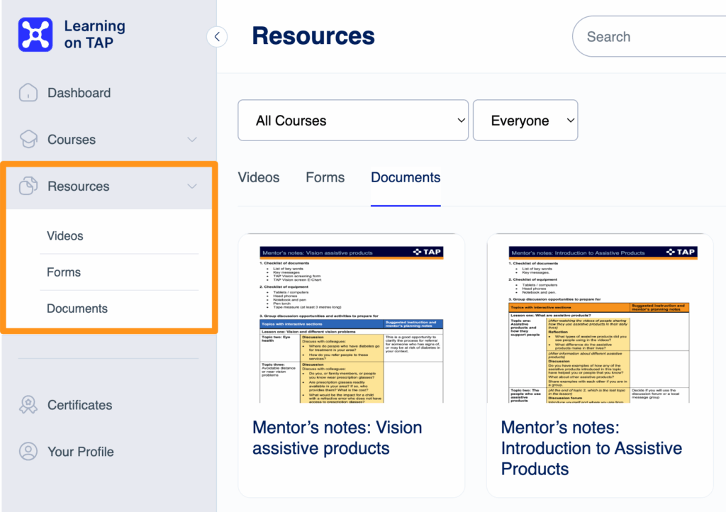 Screenshot of the Resources page with the links to this page highlighted in the left menu