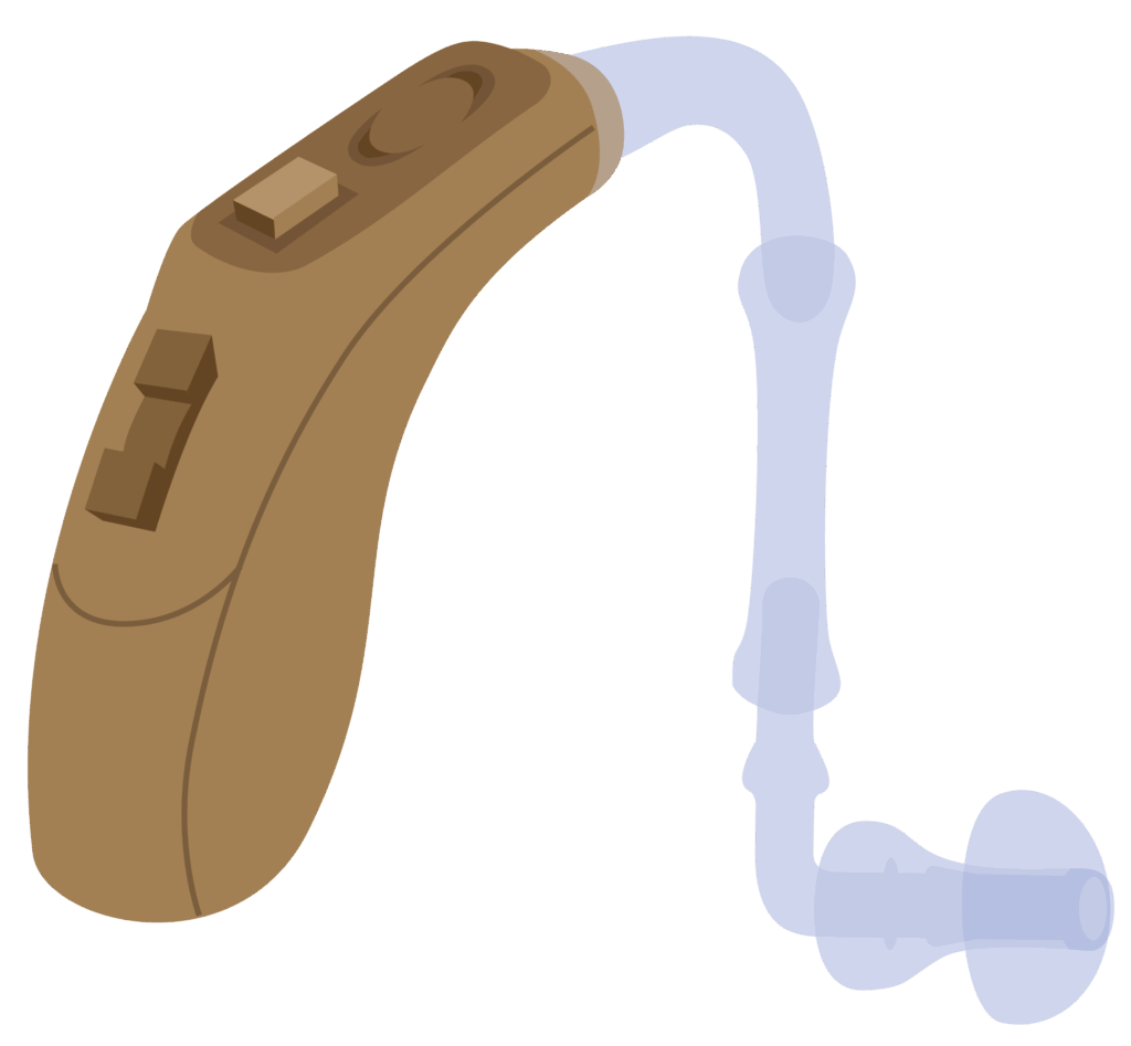 Plastic case and ear hook attached to earmould.