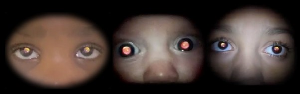 Three pairs of eyes. The first has a yellow glow, the second has a reddish-orange glow, and the third and an orange-yellow glow.