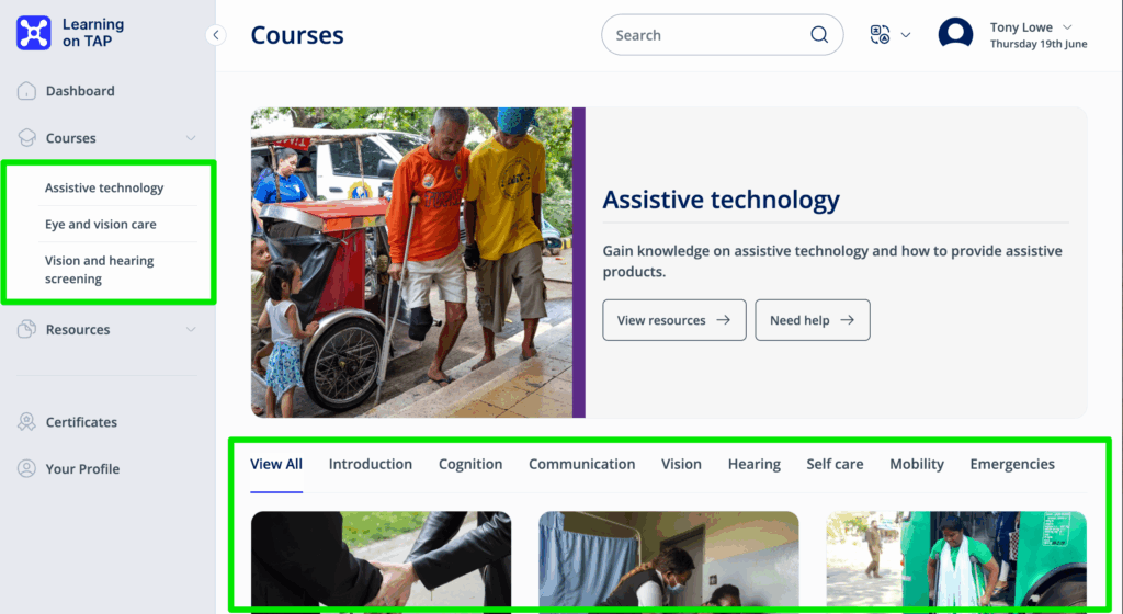 Screenshot showing links to the Courses pages and the location of the Modules on a selected Course home page