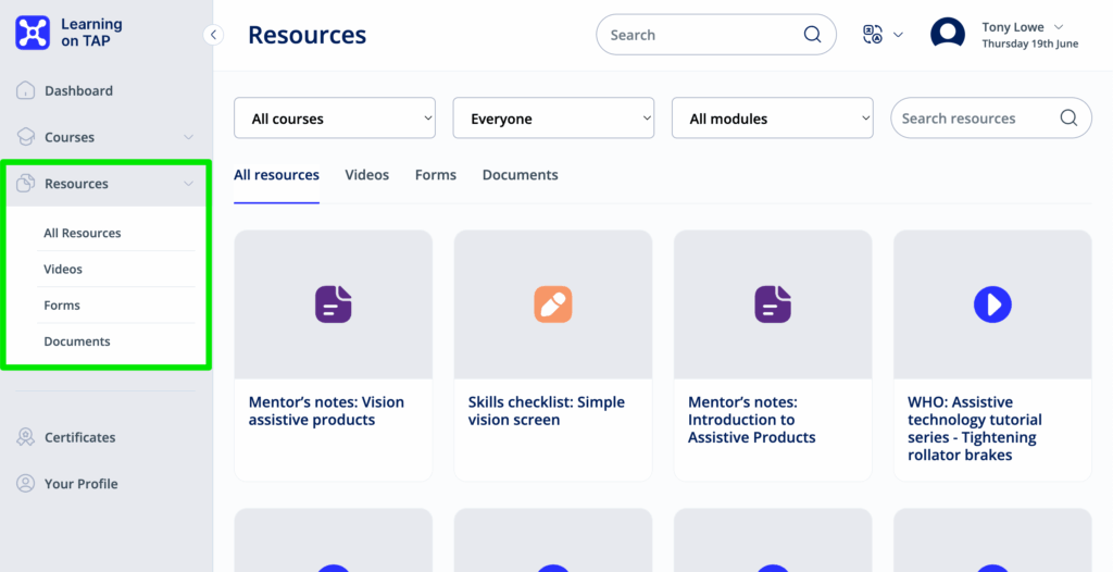 Screenshot of the Resources page with the related links shown in the left menu