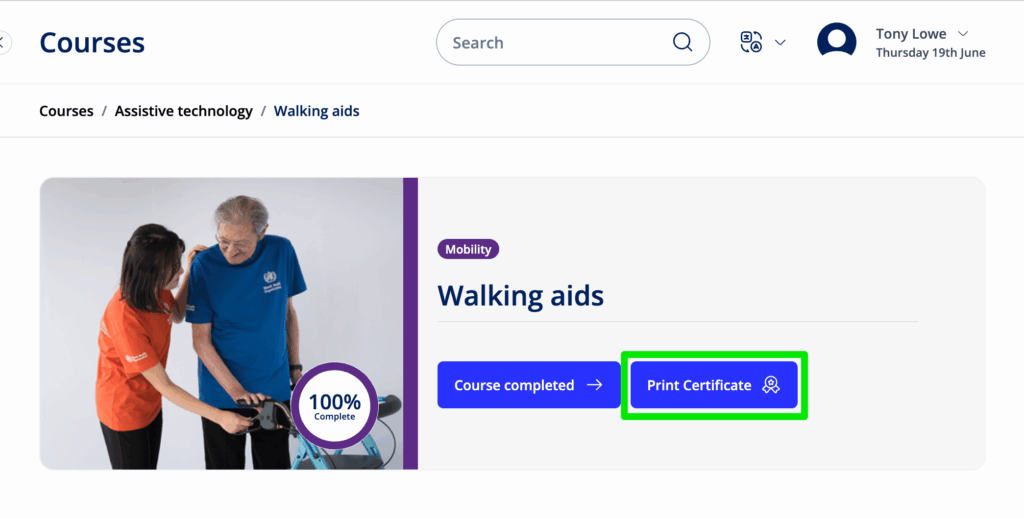 Screenshot of a module home page header showing a certificate access button