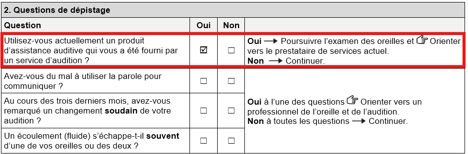 Section « Questions de dépistage » du formulaire de dépistage TAP sur la santé auditive. La case « oui » est cochée pour produit d'assistance actuelle produit d'assistance auditif.