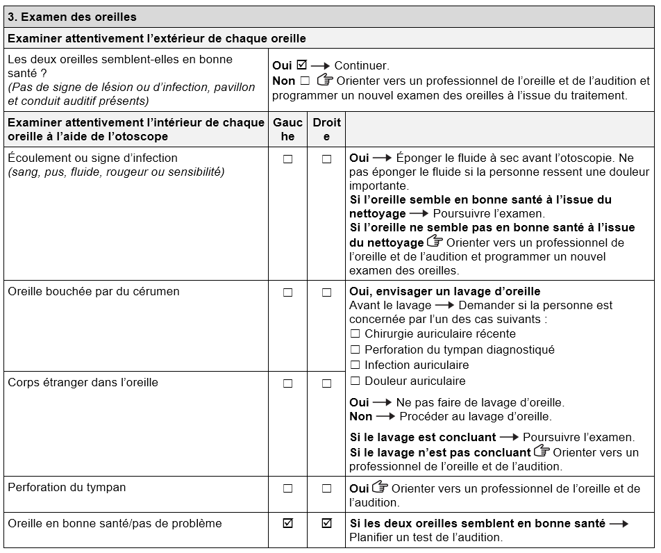 Formulaire d'examen des oreilles de John renseigné. La case « Oui » est cochée pour la question « Les deux oreilles semblent-elles en bonne santé ? » La case « Oreille en bonne santé/pas de problème » est cochée pour les oreilles gauche et droite.