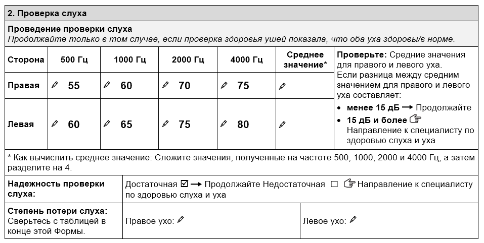 В разделе "Проверка слуха" Формы для проведения оценки на предмет предоставления слуховых аппаратов в рамках TAP указаны пороги слышимости Джона. По правому уху получены следующие результаты: • 55 дБ на частоте 500 Гц • 60 дБ на частоте 1000 Гц • 70 дБ на частоте 2000 Гц • 75 дБ на частоте 4000 Гц По левому уху получены следующие результаты: • 60 дБ на частоте 500 Гц • 65 дБ на частоте 1000 Гц • 75 дБ на частоте 2000 Гц • 80 дБ на частоте 4000 Гц. Надежность проверки слуха оценивается как "достаточная".