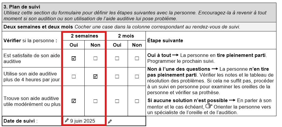 Section du formulaire TAP de suivi des adultes portant une aide auditive préprogrammée relative au suivi à deux semaines. • Réponse Oui cochée à la question sur la satisfaction. • Réponse Non cochée pour Utilise son aide auditive plus de 4 heures par jour. • Réponse Oui cochée pour Trouve son aide auditive utile modérément ou plus. • La date de suivi est le 9 juin 2025.