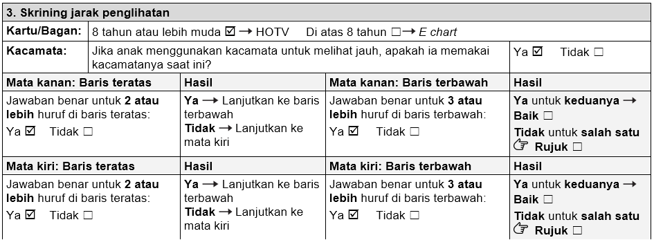 Skrining penglihatan jarak jauh untuk anak usia 8 tahun ke bawah. Mata kanan dicentang ya untuk garis atas dan garis bawah. Mata kiri dicentang ya untuk garis atas dan garis bawah.