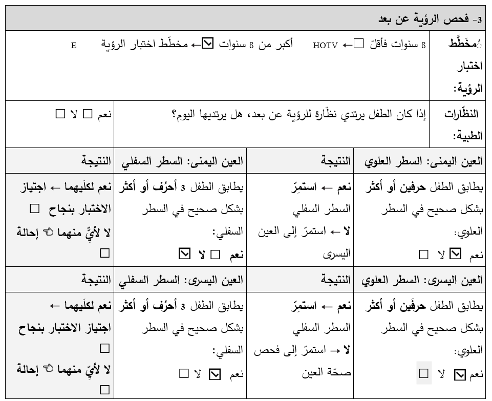 فحص الرؤية البعيدة لطفل أكبر من 8 سنوات. تمّ التأشير على "نعم" للعين اليمنى بالسطر العلوي، و"لا" بالسطر السفلي، و"نعم" للعين اليسرى بالسطر العلوي وبالسطر السفلي.