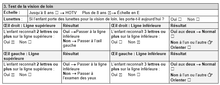 Test de la vision de loin pour les enfants de plus de 8 ans. Pour l'œil droit, la ligne du haut est cochée, mais pas pour la ligne du bas. Pour l'œil gauche, la ligne du haut et la ligne du bas sont cochées.