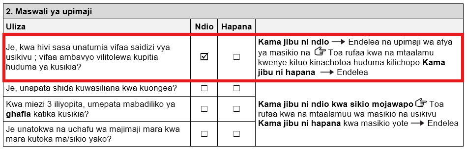 Sehemu ya maswali upimaji ya fomu ya upimaji wa TAP Ear. Kisanduku kimeteuliwa 'ndiyo' kwa swali la sasa la bidhaa ya usaidizi wa Usikivu.