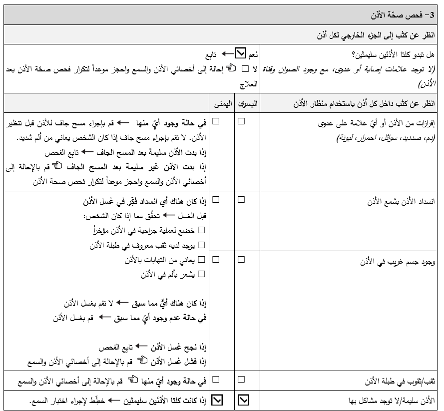 فحص صحة أذن جون المكتمل. حُدِّدَت الإجابة ’نعم‘ على السؤال "هل تبدو كلتا الأذنَين سليمتَين". ووُضِعَت علامة للأذنَين اليسرى واليمنى مقابل "الأذن سليمة/غير معتلّة".
