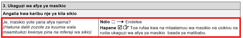 Sehemu ya fomu ya ukaguzi wa afya ya masikio. 'Hapana' imetIkiwa kwa masikio yote mawili yanaonekana yana afya bora'.