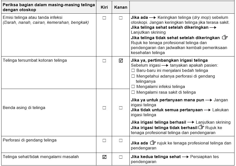 Bagian pemeriksaan kesehatan telinga pada formulir.  Bagian 'Telinga tersumbat kotoran telinga' dicentang di kolom telinga kanan. Telinga kiri sehat.