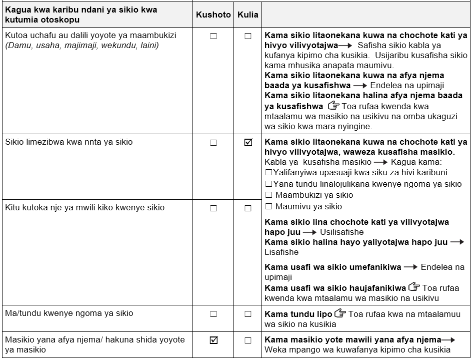 Sehemu ya fomu inayohusu ukaguzi wa afya ya masikio. sikio la kulia limetiwa alama ya vema kwenye 'sikio lililoziba kwa nnta ya sikio'. sikio la kushoto lina afya bora.