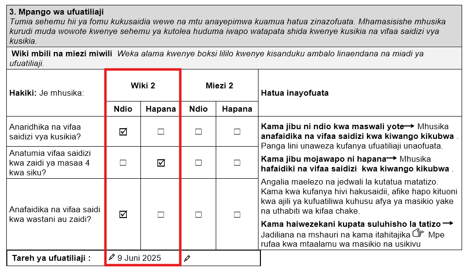 Sehemu ya mpango wa ufuatiliaji wa wiki mbili wa fomu ya ufuatiliaji ya watu wazima wanaosikizwa ya TAP. • 'Ndiyo' imetiwa tiki ili kuridhika na vifaa saidizi vya usikivu. • 'Hapana' iliyotiwa tiki kwa kutumia vifaa saidizi vya usikivu zaidi ya saa 4 kwa siku. • 'Ndiyo' imewekwa alama ya kufaidika kwa wastani au zaidi. • Tarehe ya ufuatiliaji ni tarehe 9 Juni 2025.