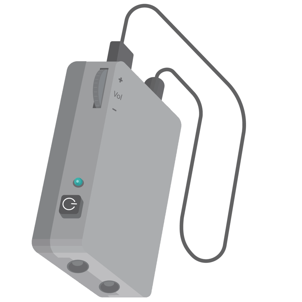 A rectangular device with neck loop attachment on top surface. On the side are a volume control dial, pairing light indicator and on/off button.