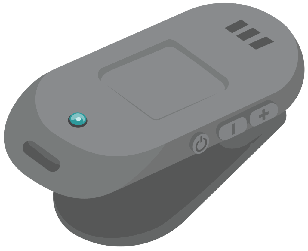 An oval shaped device, with clip on back surface and pairing button and pairing light indicator on the front. There are three slots for the microphone on the top and charging port at the bottom.