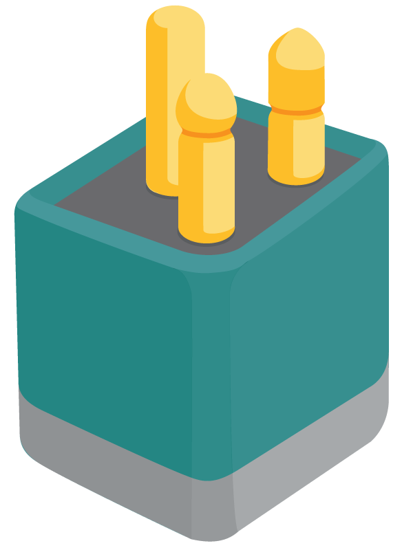 A rectangular box shape with three shaped pins on top.
