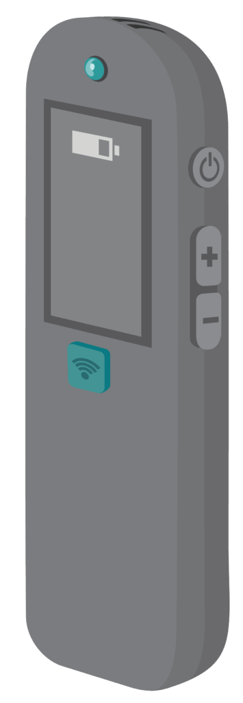A flat rectangular device with screen and battery charge indicator, pairing light indicator and pairing button on the front surface. On the side is an on/off button and volume control buttons.