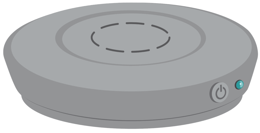 A circular device, with. on/off button and paring light indicator on the side. There are slots for the microphone on the top in the centre.