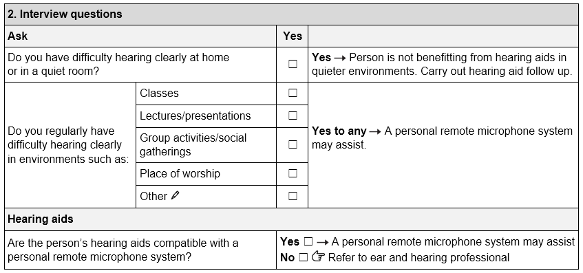 Interview questions section of the TAP Personal remote microphone system assessment form.