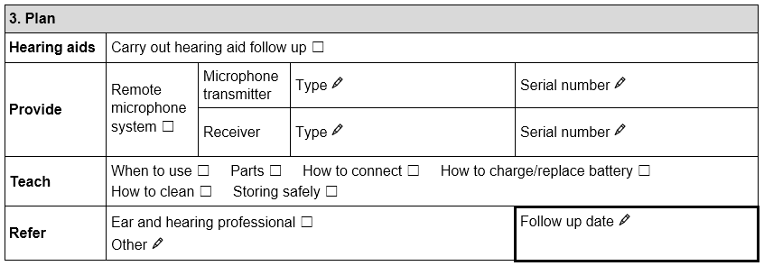 Plan section of the TAP Personal remote microphone system assessment form.