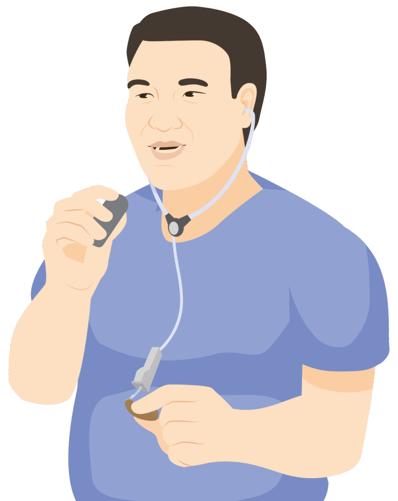 Person with earpieces of stetoclip in each ear. The end of the stetoclip attaches to the ear hook of a hearing aid. The person holds a microphone transmitter near their mouth. Their other hand holds the hearing aid away from the microphone transmitter.