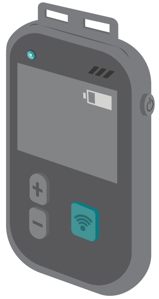 A rectangular device with two slots to attach a neck loop on top. On the front is a pairing light indicator and microphone at the top with a screen showing a battery life indicator below. Underneath are two volume control buttons with plus and minus symbols next to a pairing button with Wi-Fi symbol. An on/off button is positioned on the side.