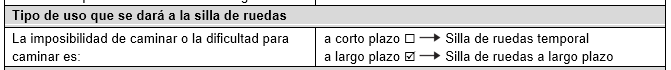 Sección "Tipo de uso que se dará a la silla de ruedas" completada en el formulario de Cali: se ha marcado la opción "a largo plazo".