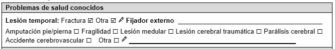 Sección completada en el formulario de Román: en el apartado "Lesión temporal" se ha marcado la casilla "fractura" y la casilla "otra" y se ha escrito la descripción "fijador externo".