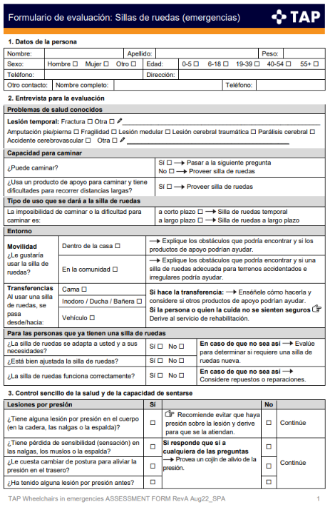 Página uno del formulario de evaluación sobre sillas de ruedas en situaciones de emergencia de la capacitación TAP.