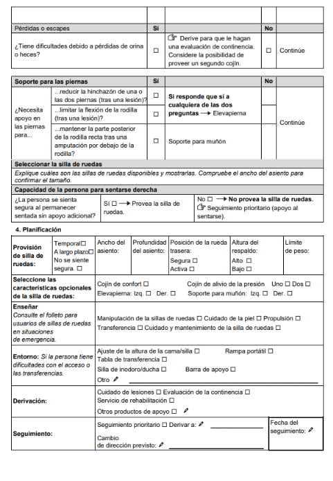 Página dos del formulario de evaluación sobre sillas de ruedas en situaciones de emergencia de la capacitación TAP.