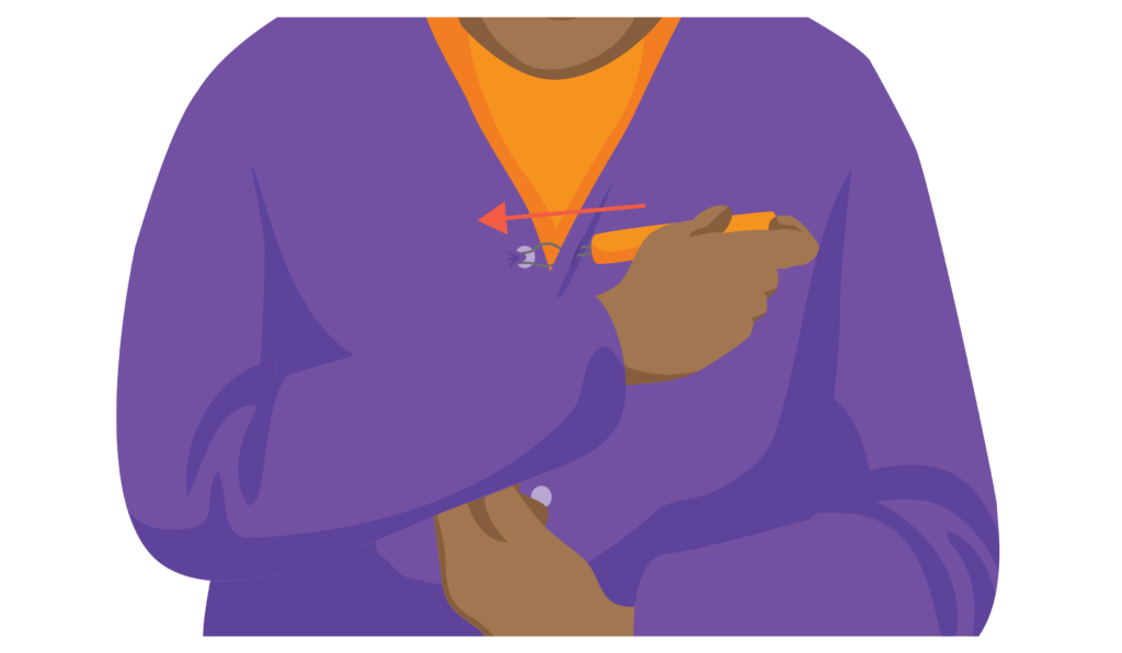 A person holds a button hook in their right hand. The diamond shaped hook holds the button which is pushed through the buttonhole.