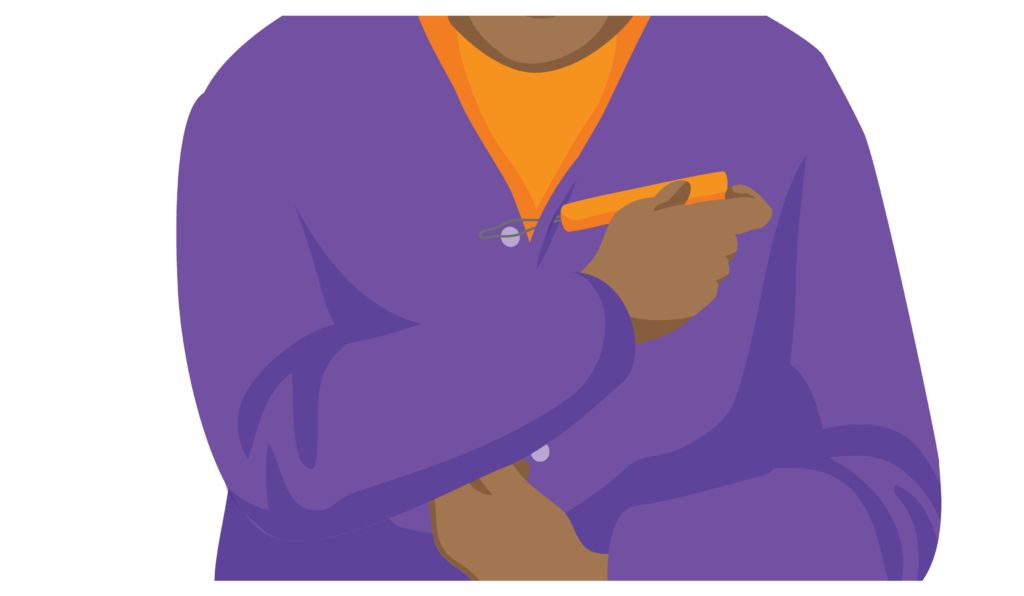 A person holds a button hook in their right hand. The diamond shaped hook is being pulled out through the buttonhole.