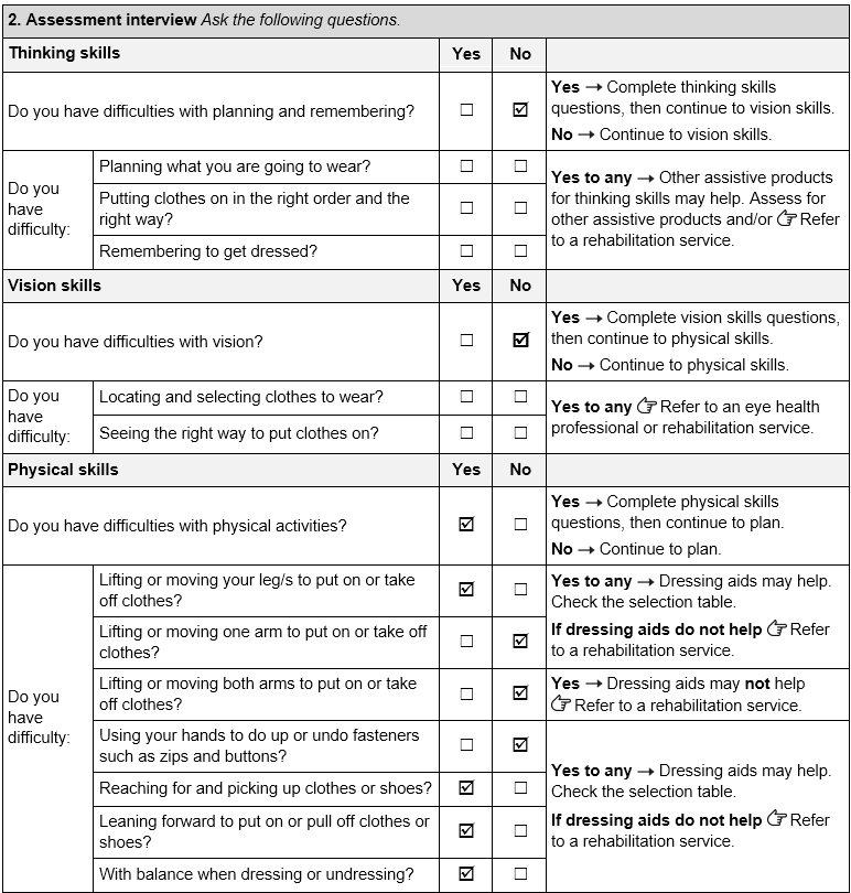 TAP Dressing aids assessment interview section of form. It shows Vaisinia does not have difficulty with thinking or vision. She has physical difficulties moving her legs, reaching and picking up, leaning forward and balance when dressing and undressing.