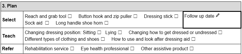 Plan section of the TAP Dressing aids assessment form.